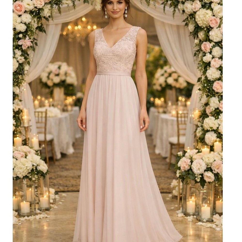 Mori Lee Madeline Gardner Lace Sequin V-Neck Open Back Gown Blush Pink Size 4